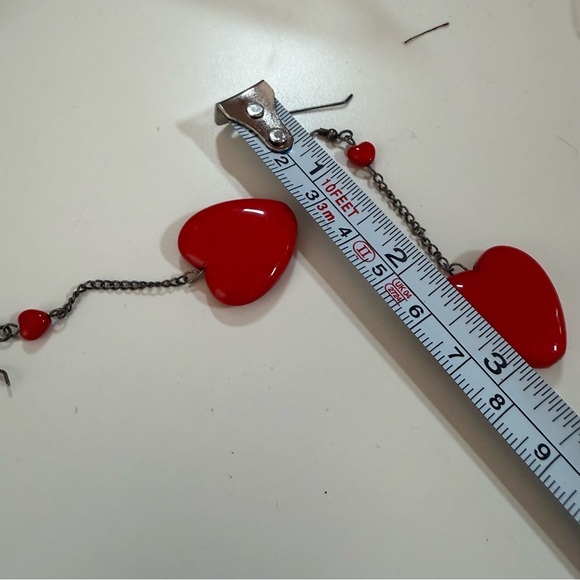 Vintage Red glass Heart Sterling silver oversized Modernist dangle Earrings - Picture 11 of 15
